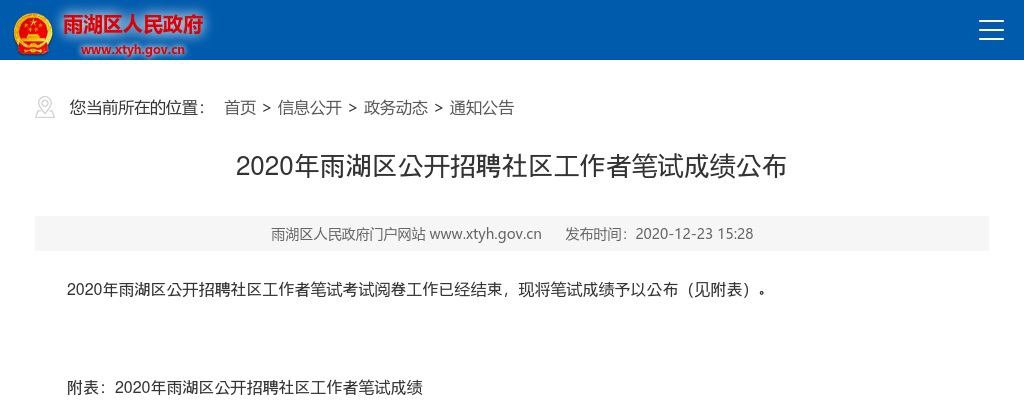 2020湖南湘潭雨湖区招聘社区工作者笔试成绩公布 图片